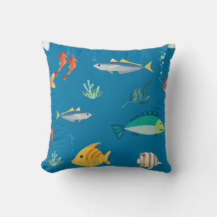 Modern Fish and Seahorse illustrated Pattern Blue Throw Pillow