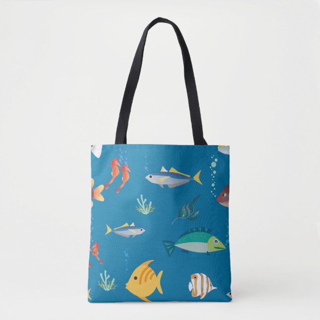 Modern Fish and Seahorse illustrated Pattern Blue Tote Bag (Front)