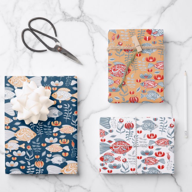 Modern Fish Pattern Wrapping Paper Sheets (Front)