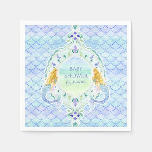 Modern Fish Scale Mermaid Baby Shower Watercolor Paper Napkins