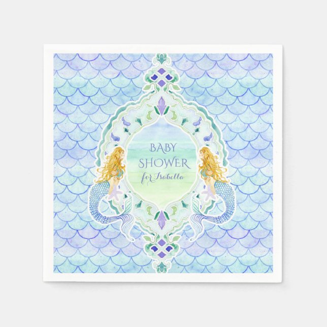 Modern Fish Scale Mermaid Baby Shower Watercolor Paper Napkins (Front)