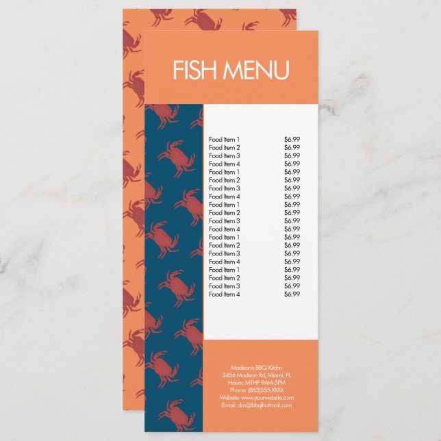 Modern Fish Seafood Crab Restaurant Pattern Menu (Front/Back)