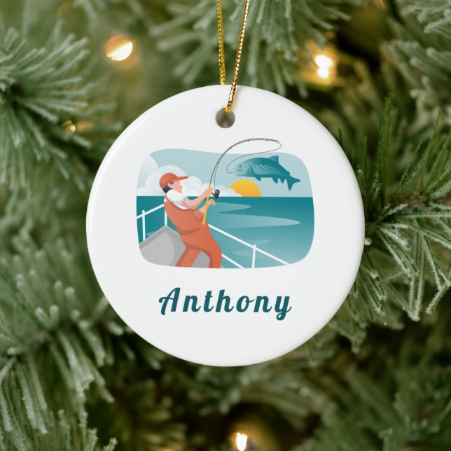 Modern Fisherman Illustration Fishing Lover's Name Ceramic Ornament (Tree)
