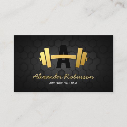 Modern Fitness Bodybuilding Business Card - Elegant fitness trainer business cards featuring a stylish black hexagon background with a curved gold bodybuilder gym weight, your name, title, contact details, and social media icons.