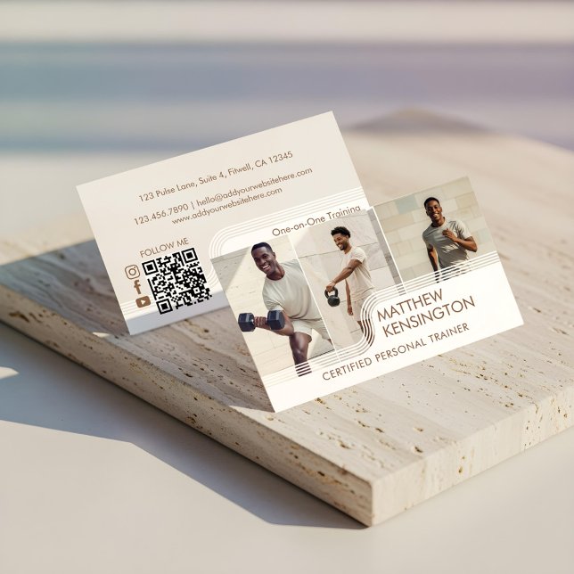 Modern Fitness Coach Personal Trainer Photo Layout Business Card (Modern Fitness Personal Trainer Three Photo Layout Business Card)