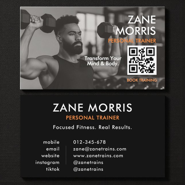 Modern Fitness Coach Photo QR Code Business Card (Creator Uploaded)