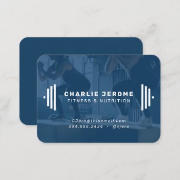 Modern Fitness Trainer Navy Blue Photo Business Card by LeaDelaverisDesign at Zazzle