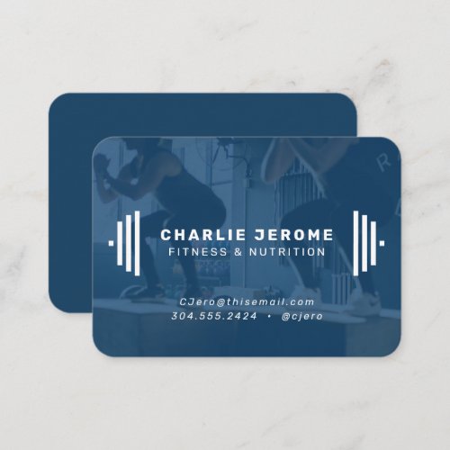 Modern fitness trainer navy blue photo business card