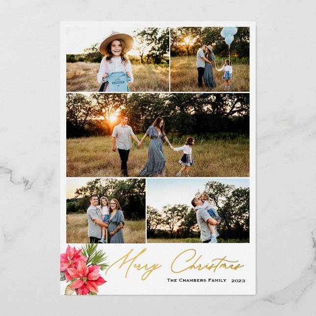 Modern five photo Merry Christmas Poinsettia Foil Holiday Card (Front)