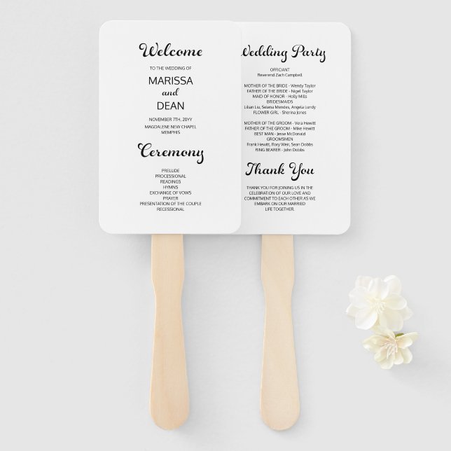 Modern Flair Script Minimal White Wedding Program Hand Fan (Front and Back)