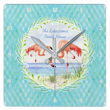 Modern Flamingo Beach Ocean Sand Shore Aqua Blue Square Wall Clock Modern Flamingo Beach Ocean Sand Shore Aqua Blue Square Wall Clock