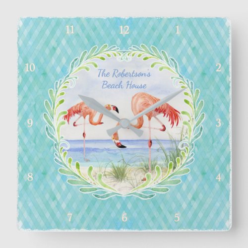 Modern Flamingo Beach Ocean Sand Shore Aqua Blue Square Wall Clock