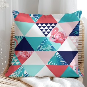 Modern Flamingo Geometric Pattern (Blue & Coral) Throw Pillow