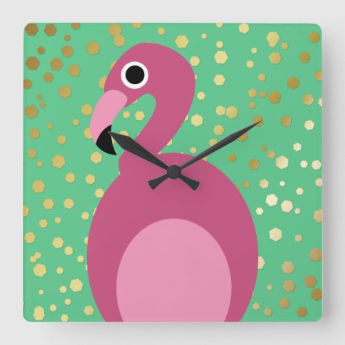 Modern Flamingo Gold Glitter on Green Square Wall Clock