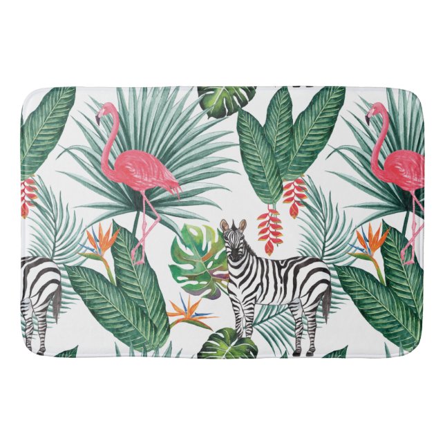 Modern flamingo zebra tropical leaf watercolor bath mat (Front)