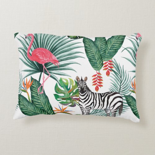 Modern flamingo zebra tropical leaf watercolor decorative pillow