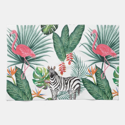 Modern flamingo zebra tropical leaf watercolor kitchen towel