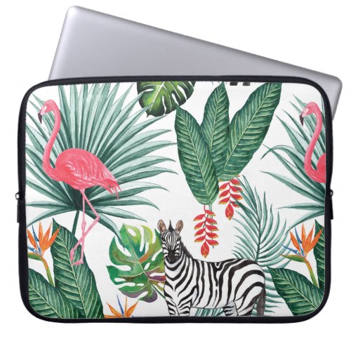 Modern flamingo zebra tropical leaf watercolor laptop sleeve