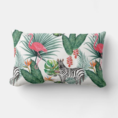 Modern flamingo zebra tropical leaf watercolor lumbar pillow