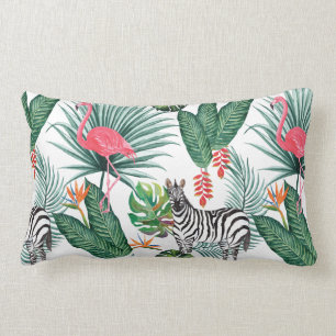 Modern flamingo zebra tropical leaf watercolor lumbar pillow