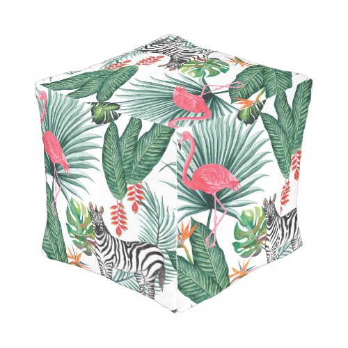 Modern flamingo zebra tropical leaf watercolor outdoor pouf