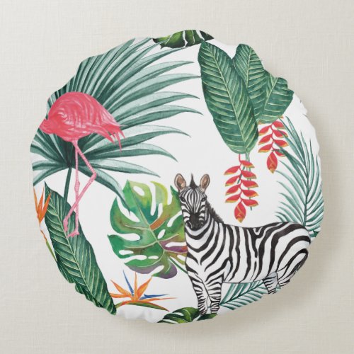 Modern flamingo zebra tropical leaf watercolor round pillow