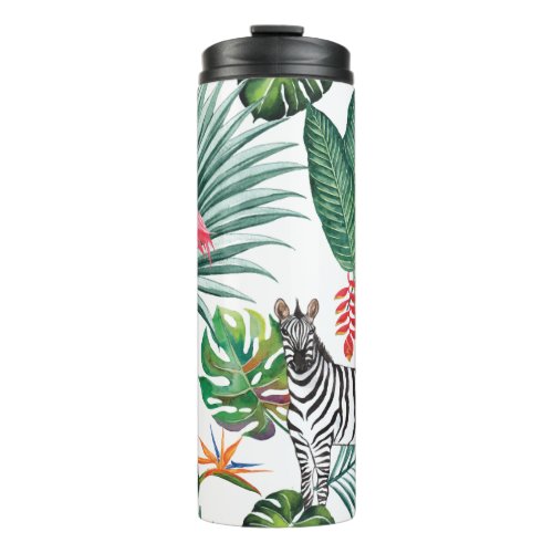 Modern flamingo zebra tropical leaf watercolor thermal tumbler