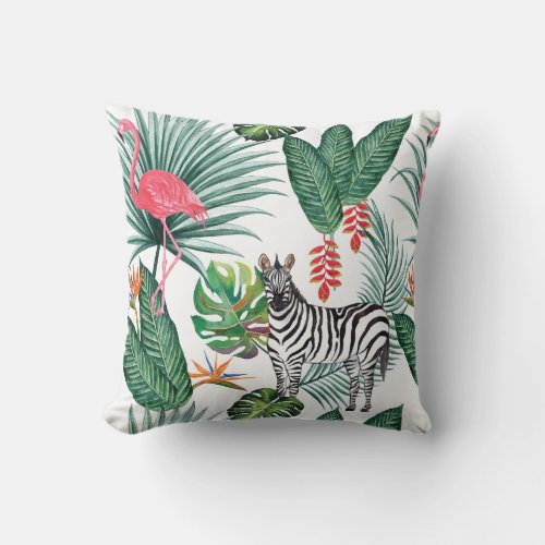 Modern flamingo zebra tropical leaf watercolor throw pillow