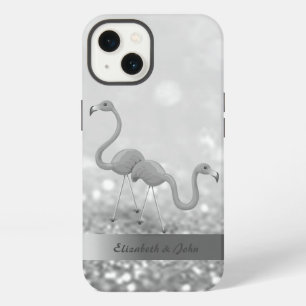 Modern Flamingos Silver Glitter Bokeh iPhone 13 Case