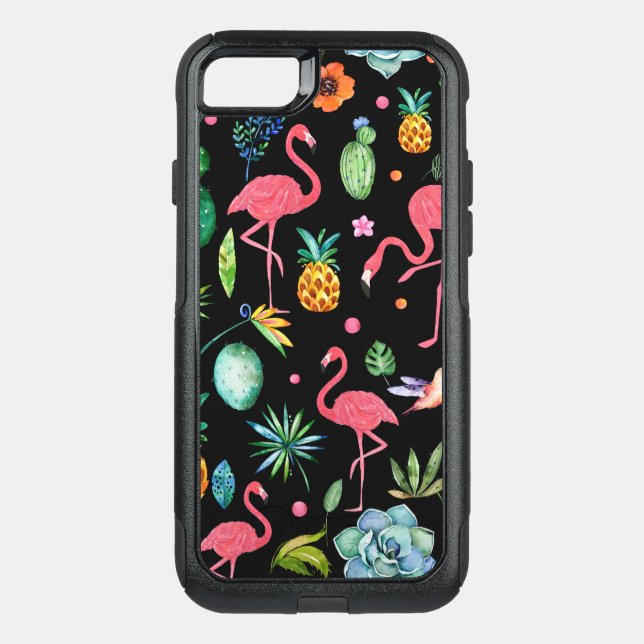 Modern Flamingos With Tropical Flowers & Leafs Otterbox iPhone Case (Back)