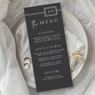 Modern Flat Black Minimalist Monogram Wedding Menu