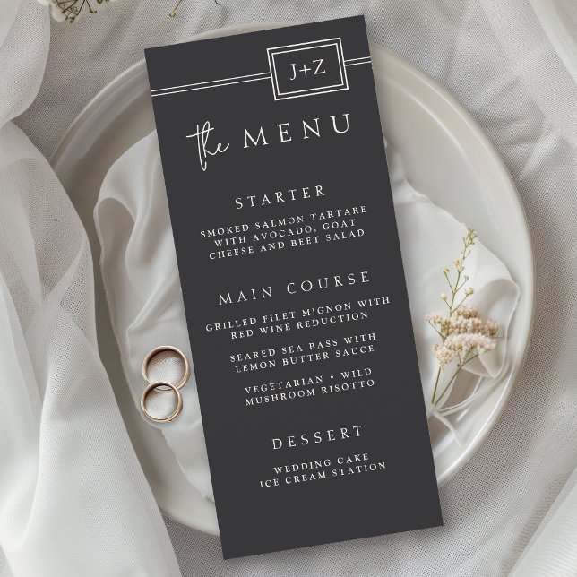 Modern Flat Black Minimalist Monogram Wedding Menu (Creator Uploaded)