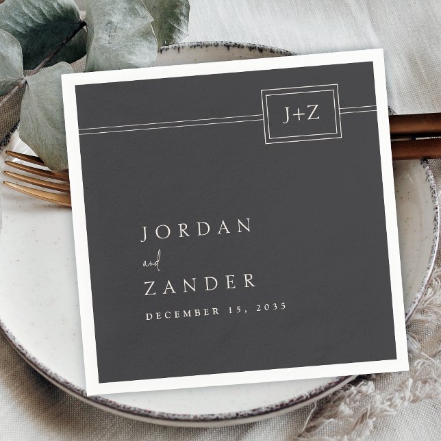 Modern Flat Black Minimalist Monogram Wedding Napkins (Creator Uploaded)