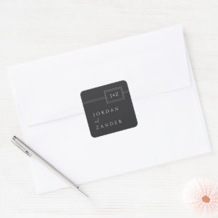 Modern Flat Black Minimalist Monogram Wedding Square Sticker