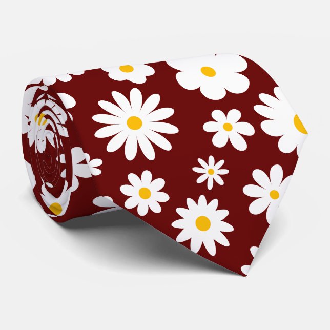 Modern Flat Graphic Daisy Burgundy Neck Tie (Rolled)