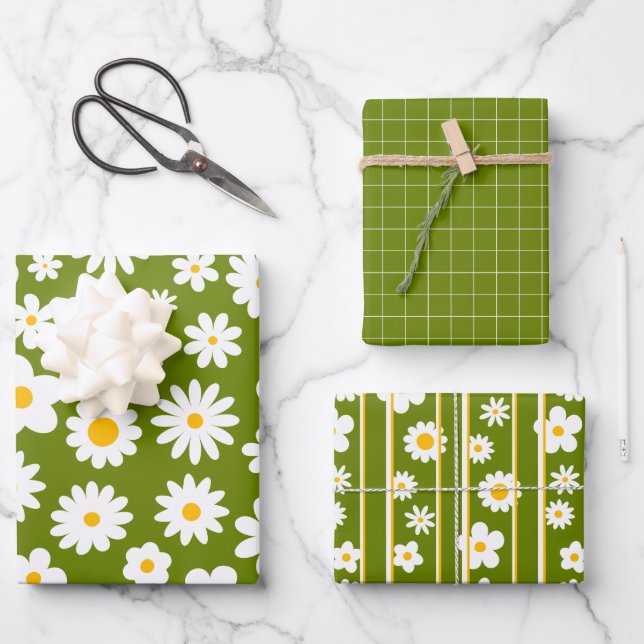 Modern Flat Graphic Daisy Green Any Occasion Wrapping Paper Sheets (Front)