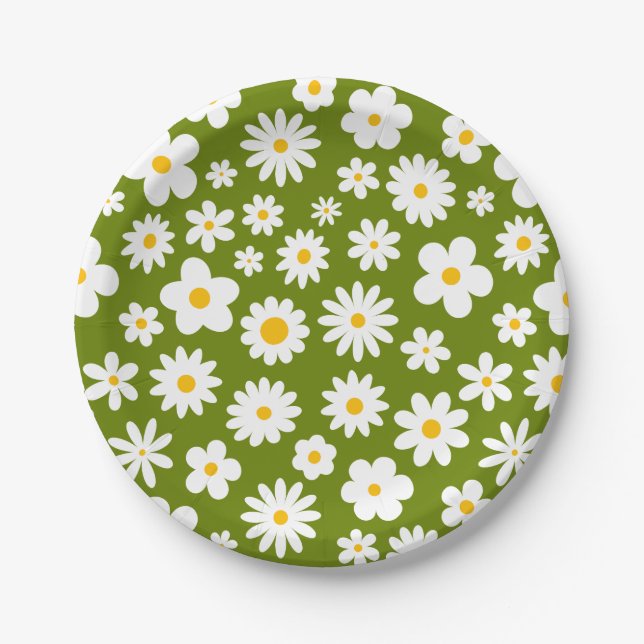 Modern Flat Graphic Daisy Green  Paper Plates (Front)