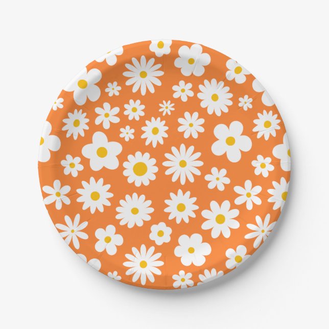 Modern Flat Graphic Daisy Orange  Paper Plates (Front)