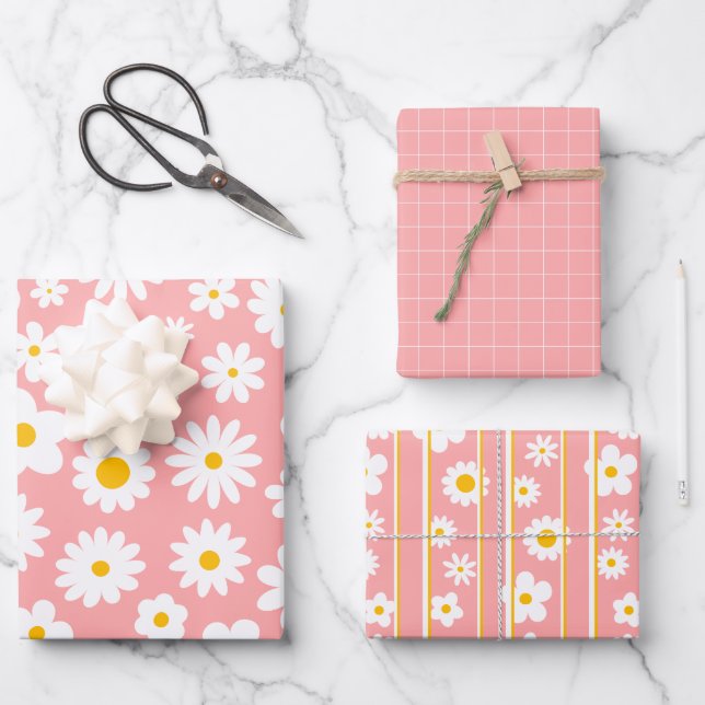 Modern Flat Graphic Daisy Pink Any Occasion Wrapping Paper Sheets (Front)