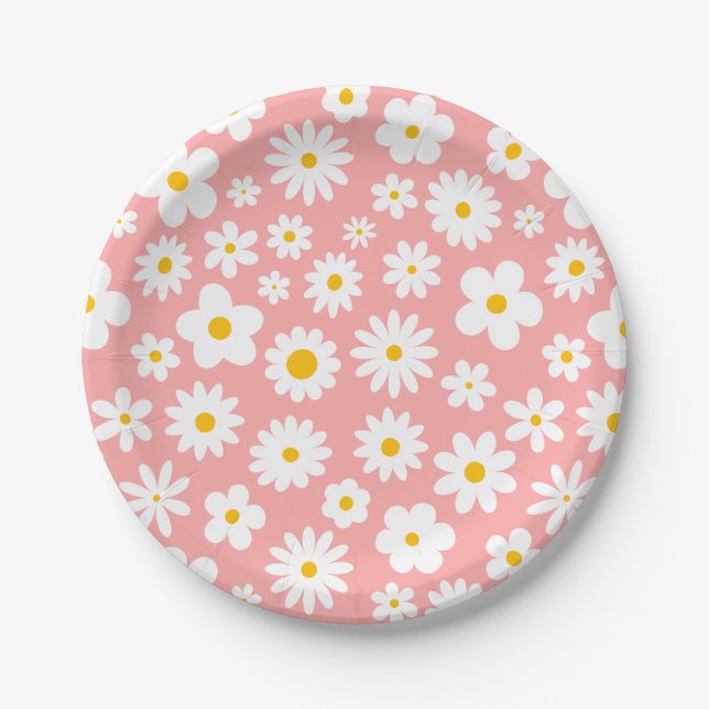 Modern Flat Graphic Daisy Pink Paper Plates (Front)