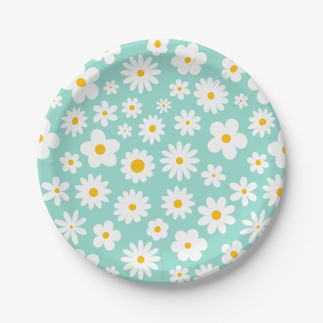 Modern Flat Graphic Daisy Robin's Egg Blue  Paper Plates (Front)