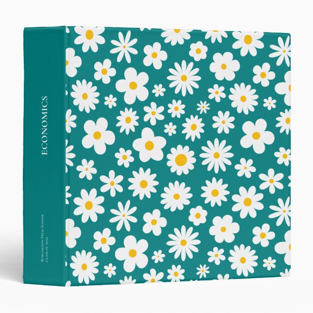 Modern Flat Graphic Daisy Teal Blue 3 Ring Binder (Front/Spine)