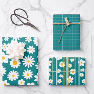 Modern Flat Graphic Daisy Teal Blue Any Occasion Wrapping Paper Sheets