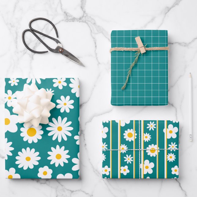 Modern Flat Graphic Daisy Teal Blue Any Occasion Wrapping Paper Sheets (Front)