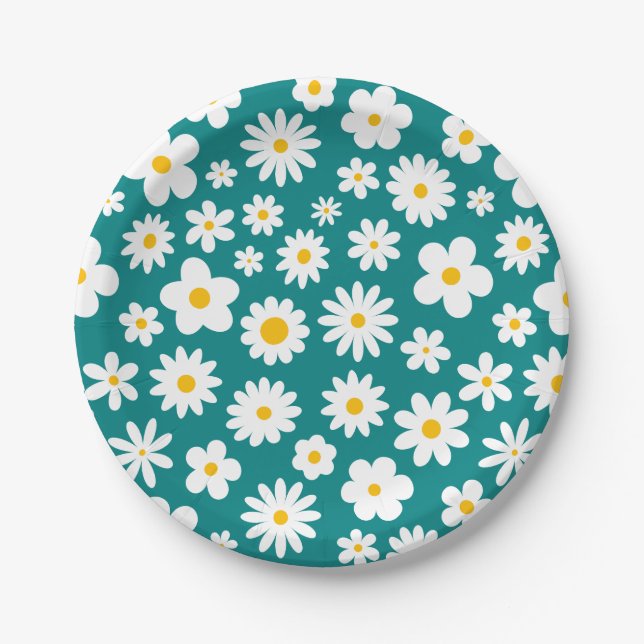 Modern Flat Graphic Daisy Teal Blue Paper Plates (Front)