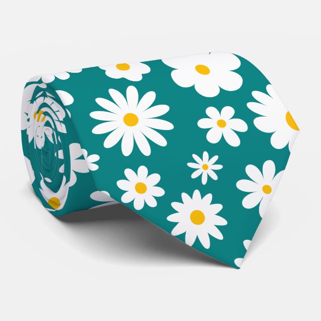 Modern Flat Graphic Daisy Teal Neck Tie (Rolled)