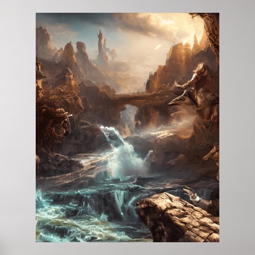 Modern flood waters a bridge in the mountains poster