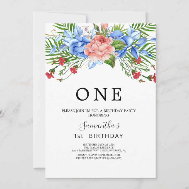 Modern flora First Birthday Party  Invitation (Front)