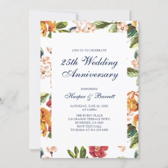 Modern Floral 25th Wedding Anniversary Party Invitation | Zazzle