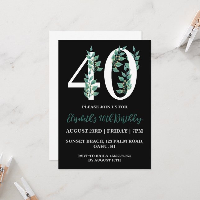 modern floral 40th birthday invitations (Front/Back In Situ)